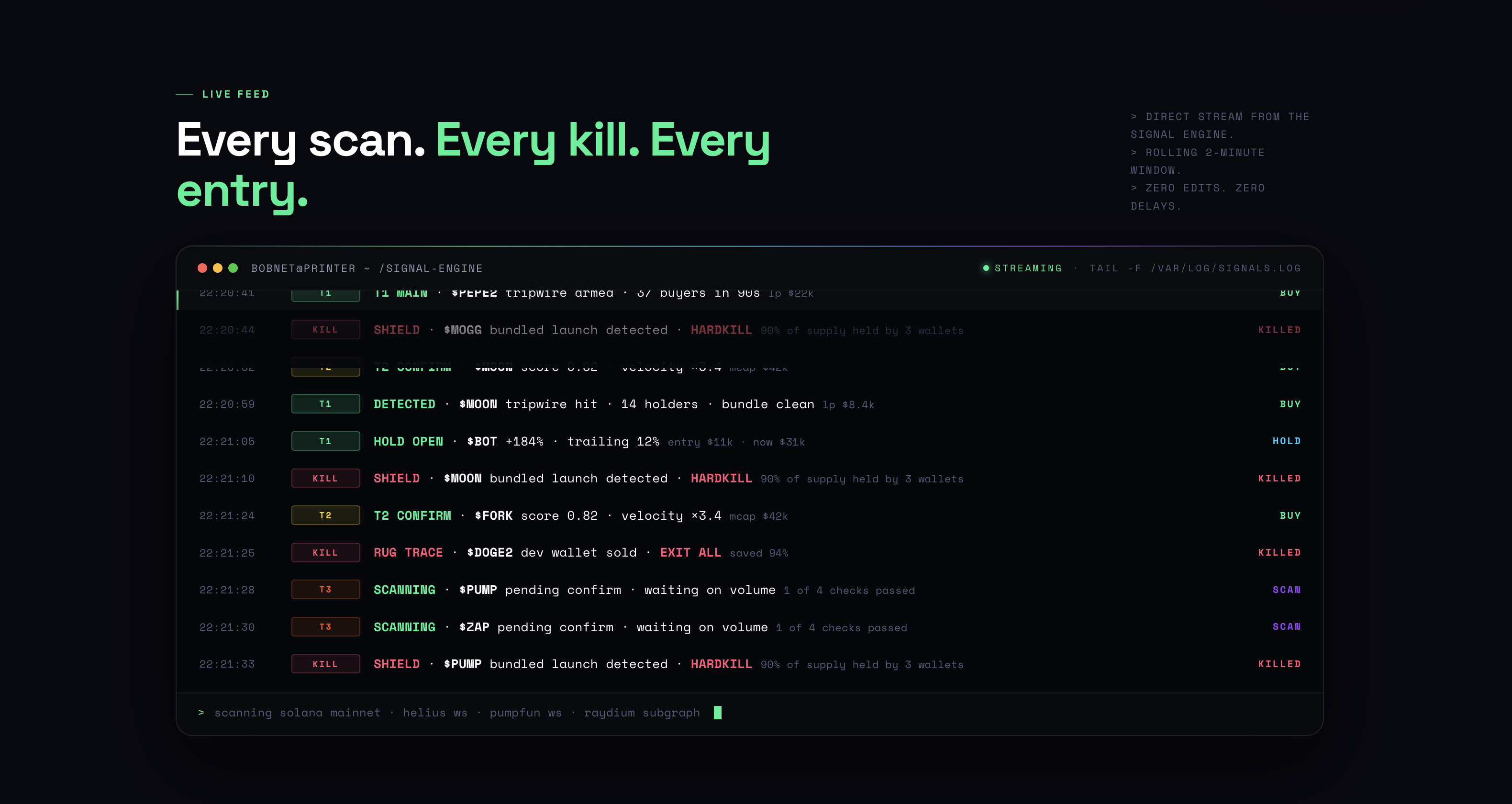 Live signal feed — every scan, every kill, every entry
